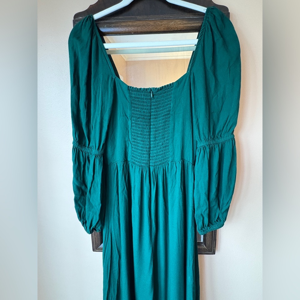 New Reformation Mica Puff Long Sleeve Emerald Green Midi Dress Sz 8 Square Neck - Picture 8 of 11